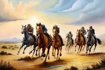 Oil painting of running horses. Generative AI