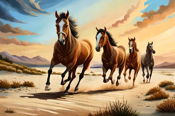 Oil painting of running horses. Generative AI