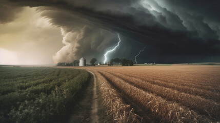Obraz na płótnie Canvas Tornado rages through a field. Illustration AI Generative.