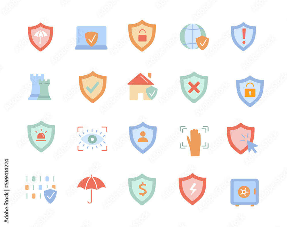 Poster defense color icons set. verification and finger scan. security and access to personal data. hacker 