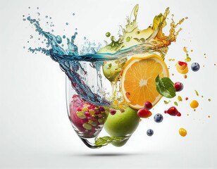 Splash of drinks with various fruits, looks fresh and delicious, suitable for advertising a beverage product.  Generative AI.