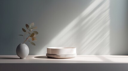 Smooth, round, white tray podium in the sunlight on a white table top. Generative AI.