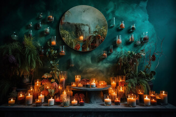 Candles all over the Wall with Stone and Plants Room Interior Generative AI