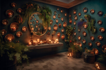 Candles all over the Wall with Stone and Plants Room Interior Generative AI