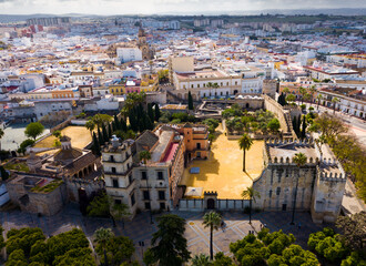 Aerial view of Catholic Cathedral and famous Alcazar of Jerez de la Frontera, Spain - obrazy, fototapety, plakaty