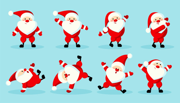 Dancing Santa Claus set. Collection of graphic elements for animations. New Years and Christmas holidays. Culture and traditions. Cartoon flat vector illustrations isolated on blue background