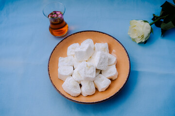 Traditional Afyon kaymak Lokum with cream. Turkish delight.