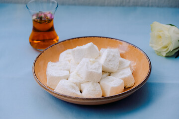 Traditional Afyon kaymak Lokum with cream. Turkish delight.