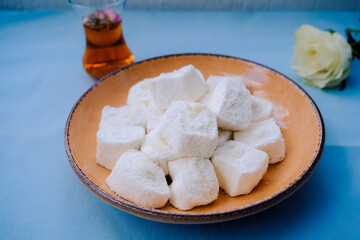 Traditional Afyon kaymak Lokum with cream. Turkish delight.