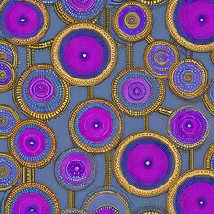 Fototapeta premium A repeating pattern of overlapping circles in shades of purple and pink, with small dots of gold at the center of each circle5, Generative AI
