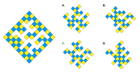 IQ test question with one main object where elements missing and four options on the right side. © JSD