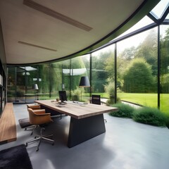 modern office interior with large windows and green lawn outside