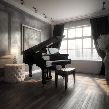 grand forte piano in an empty luxury room