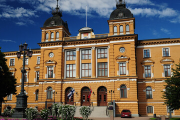 Obraz premium Beautiful Facade Of The Renaissance City Hall In Oulu Finland On A Beautiful Sunny Summer Day With A Clear Blue Sky