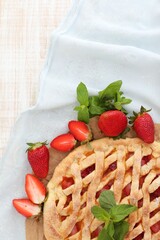 Baked, strawberry pie, ready-made fruit pie on a white wooden table, cooking method, home baking, strawberries, background image, background, photo, wallpaper for presentations