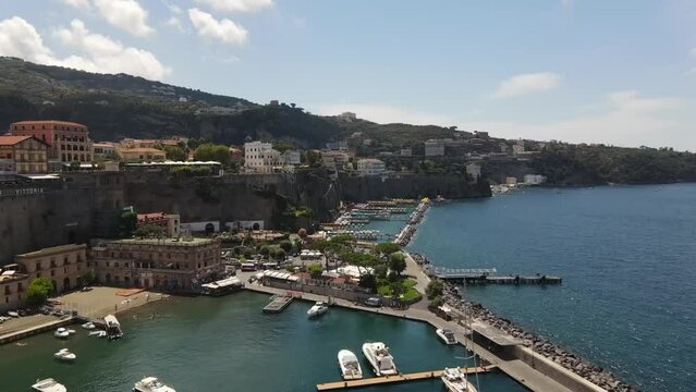 Street view in Sorrento, Italy, panoramic view of city buildings and coastline