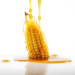 corn sinking in syrup / honey on white background