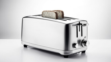 Modern toaster with bread slices on white background,  Created using generative AI tools.
