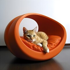ginger cat on orange pet coach sofa 