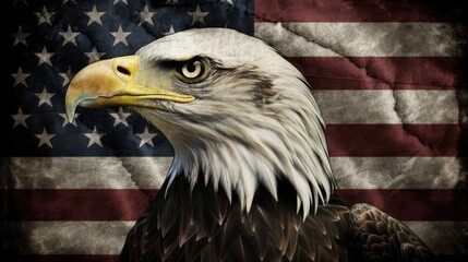 Naklejka premium Eagle with American Flag 4th of July, Independence Day, grunge, Patriotic-themed, photorealistic illustrations in JPG. generative ai
