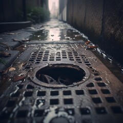 close up water main drain on the street in a rain on a dark night