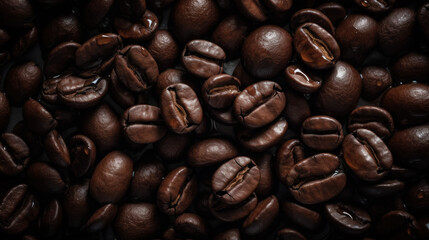 Fototapeta premium Background of wet coffee beans created with generative AI technology