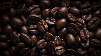 Fototapeta premium Background of wet coffee beans created with generative AI technology