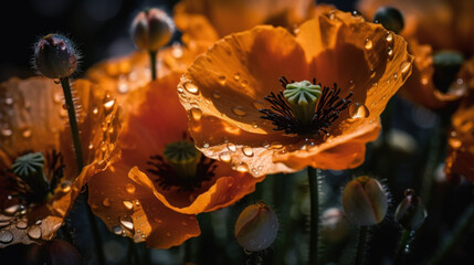 Remembrance Day, Solid California Poppys Background with Raindrops created with generative AI technology