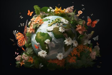 Fototapeta na wymiar The World as a Globe Covered in Flowers and Butterflies, Generative AI