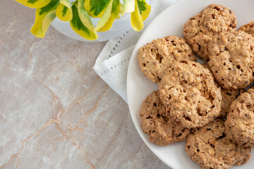 Caprichos de Santiago. almond cookies, sugar and eggs. Space to write. Concept of gastronomy. 
