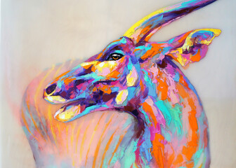Obraz na płótnie Canvas Portrait of a bongo antelope painted in oil.