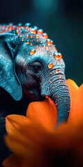 Obraz premium Tiny baby elephant, on a bright orange flower with dew drops reflecting on the petals, a sweet, beautiful scene. Generative AI