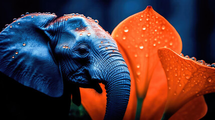 Tiny baby elephant, on a bright orange flower with dew drops reflecting on the petals, a sweet, beautiful scene. Generative AI