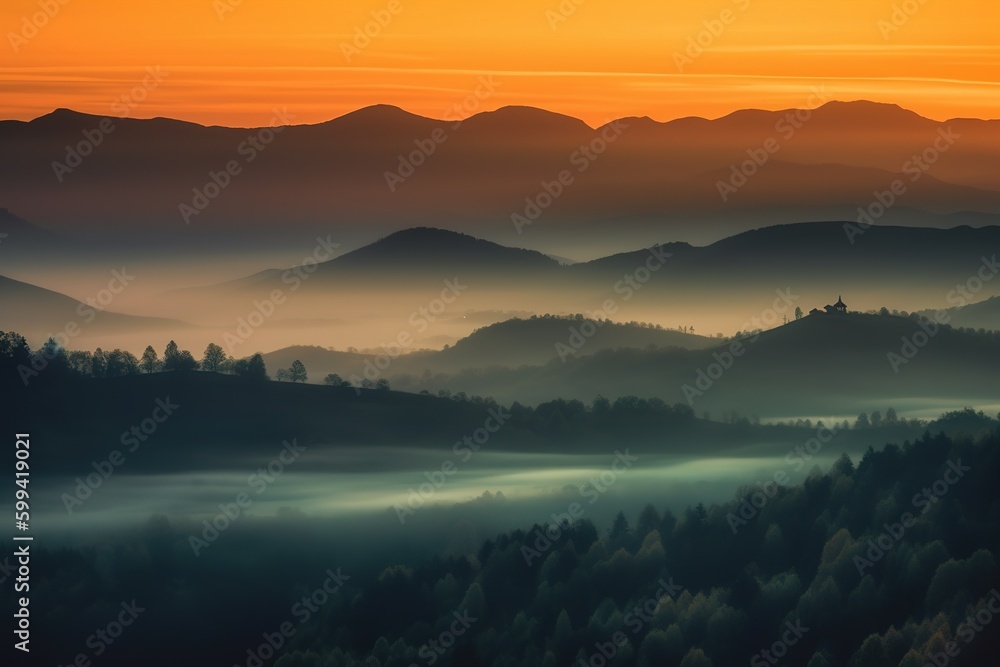 Poster a scene depicting a mountain range lit up by the setting sun generative ai
