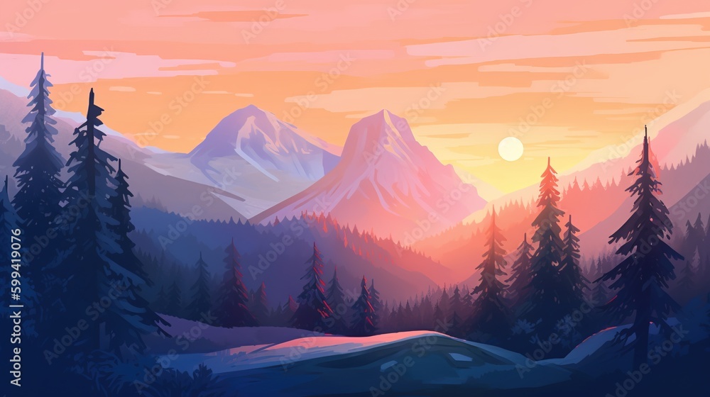 Poster a picture depicting a forest filled with pine trees in a mountainous setting generative ai