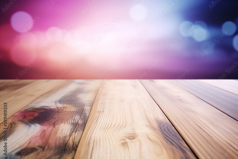 Aufkleber a wooden table top with lights in the backdrop that are out of focus generative ai