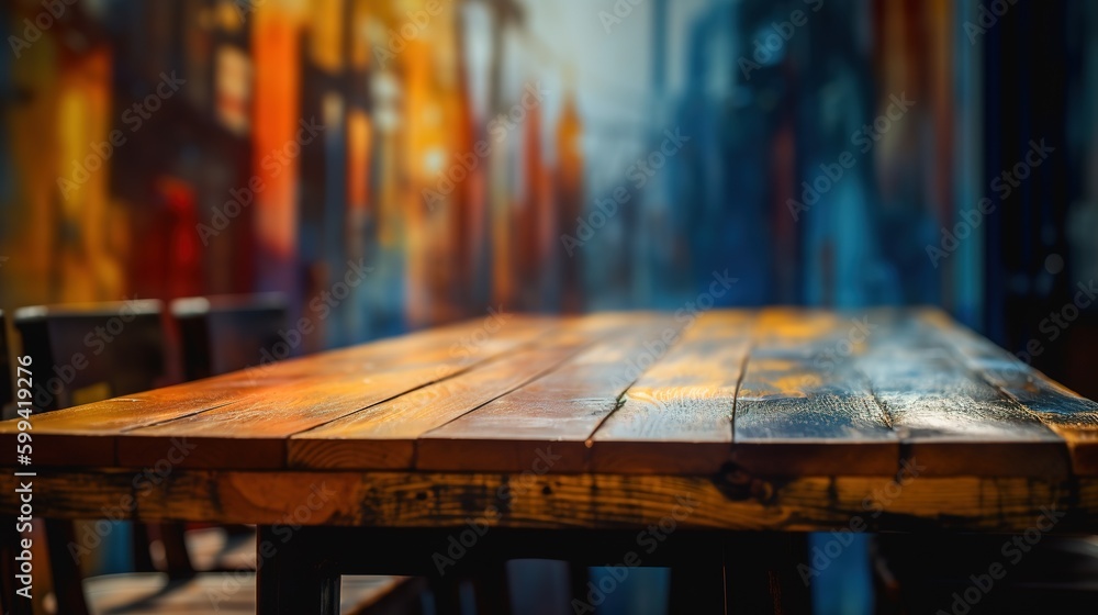 Poster a table made of wood placed in front of a wall covered with various colors generative ai