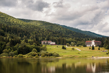 Fototapeta na wymiar Krpáčovo Lake with Beautiful Forest Reflections