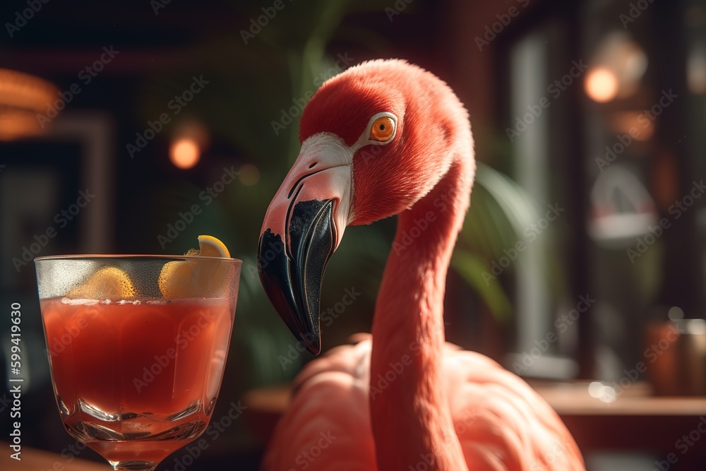 Poster a close-up of a flamingo with a drink in the background generative ai