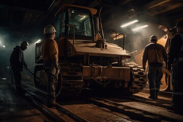 An aerial view of a construction site bustling with activity as workers operate heavy machinery