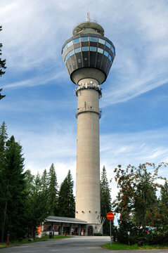 Bottom Up View To Puijo Tower In Kuopio Finland On A Beautiful Sunny Summer Day With A Clear Blue Sky