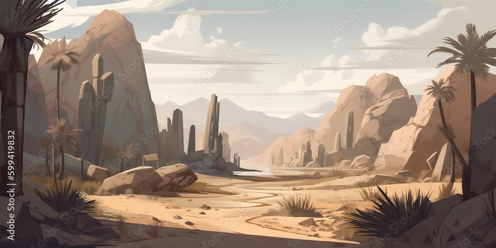 Poster a picture of the desert, complete with rocks and palm trees generative ai