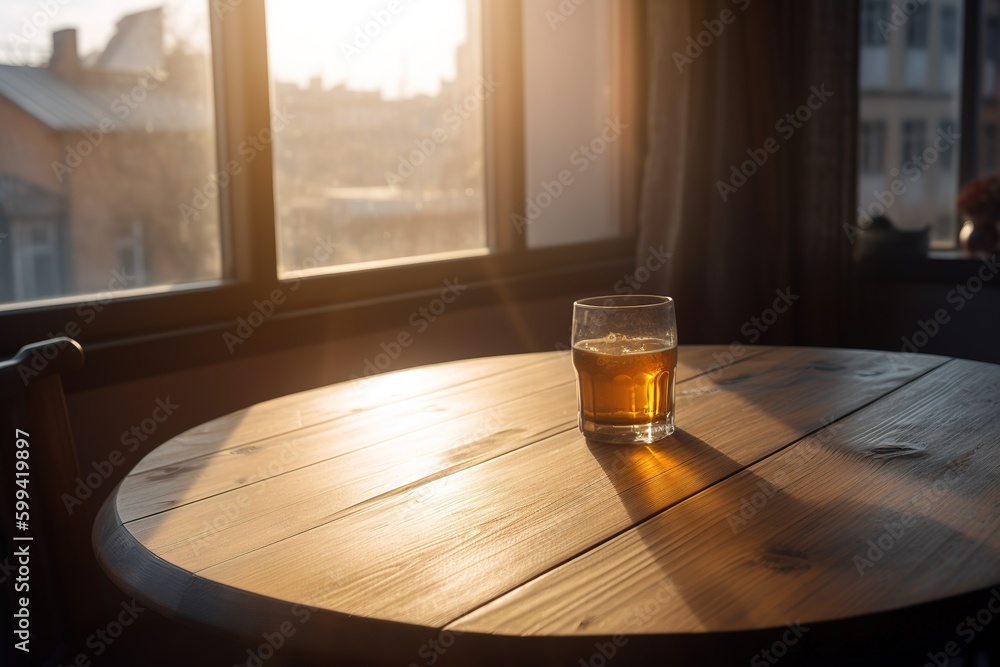 Poster a bottle of beer resting on a wooden table with a glass of it visible. generative ai