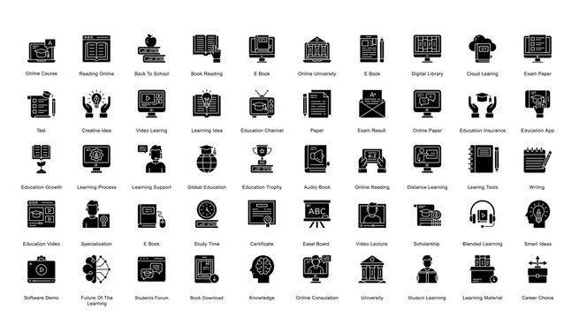 Learning Glyph Iconset Education Graduation Book Glyph Icon Bundle in Black