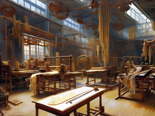 old-fashioned weaving mill filled with the looms fabric and equipment of a bygone era. generative ai