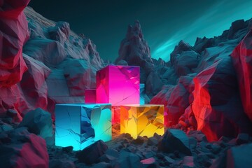 a collection of brightly hued cubes perched on a mountain of stones. Generative AI - obrazy, fototapety, plakaty