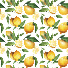 A seamless watercolor lemon pattern on white background.