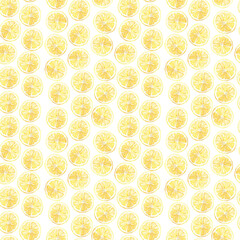 Seamless watercolor pattern with lemon slices on white background