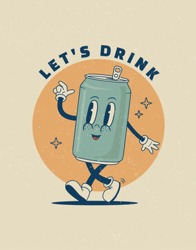 Cartoon retro 70s soda metal can cartoon character. Vintage funny mascot bottle beverage poster. Vector illustration. Let's drink