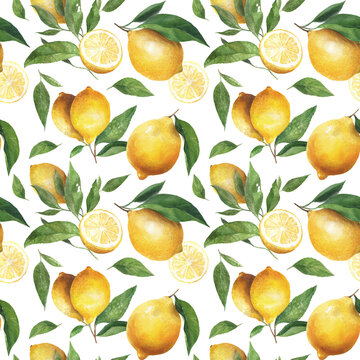 A seamless watercolor lemon pattern on white background.